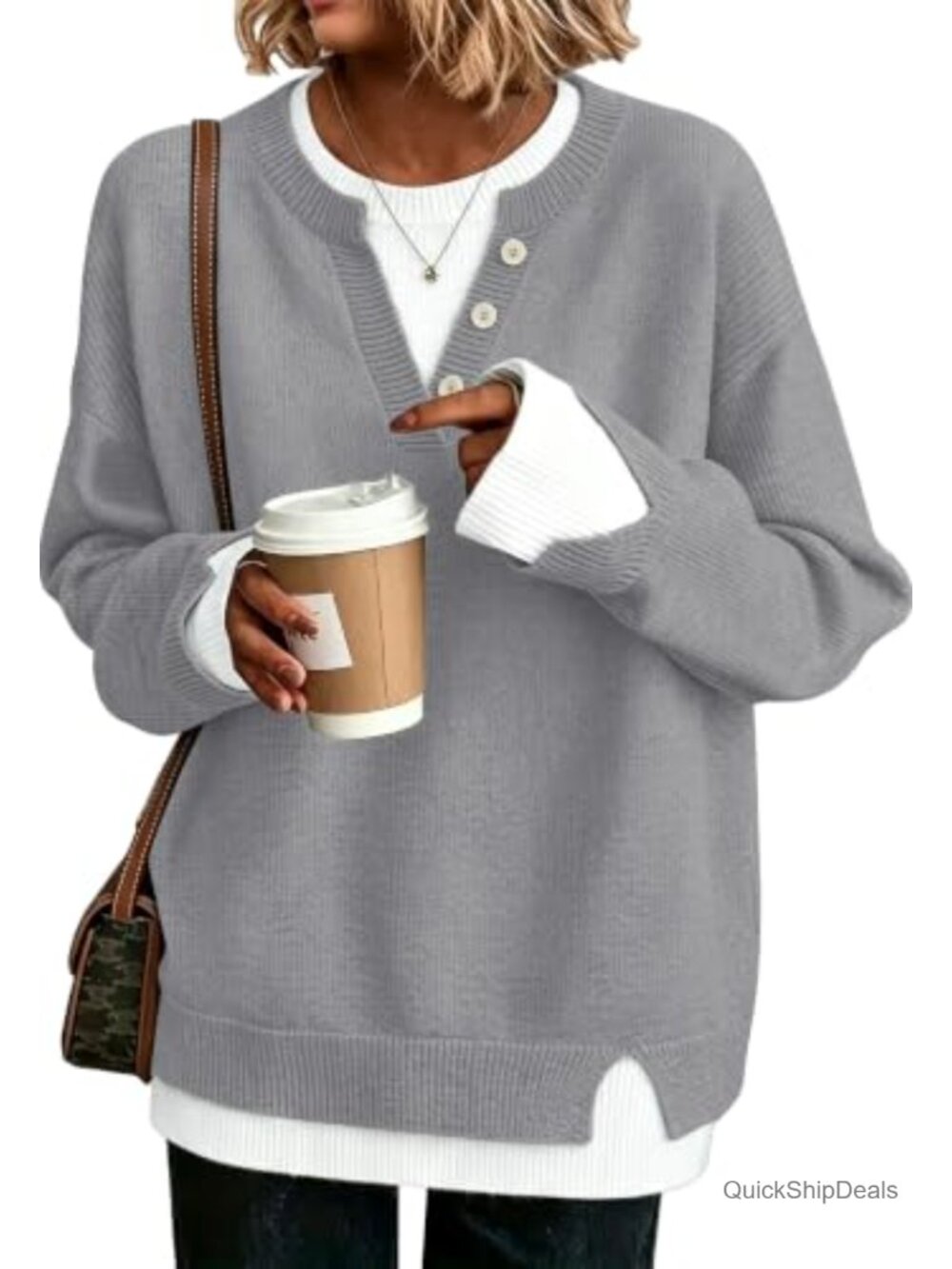 Womens Henley Sweater V-Neck Button Pullover Loose Knit Work Top